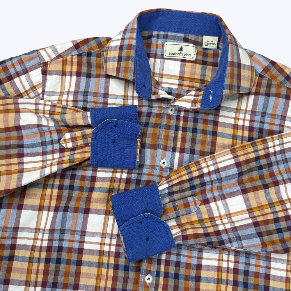 Southern Pines Men's Flannel Plaid Shirt Size Medium Long Sleeve Flip Cuffs